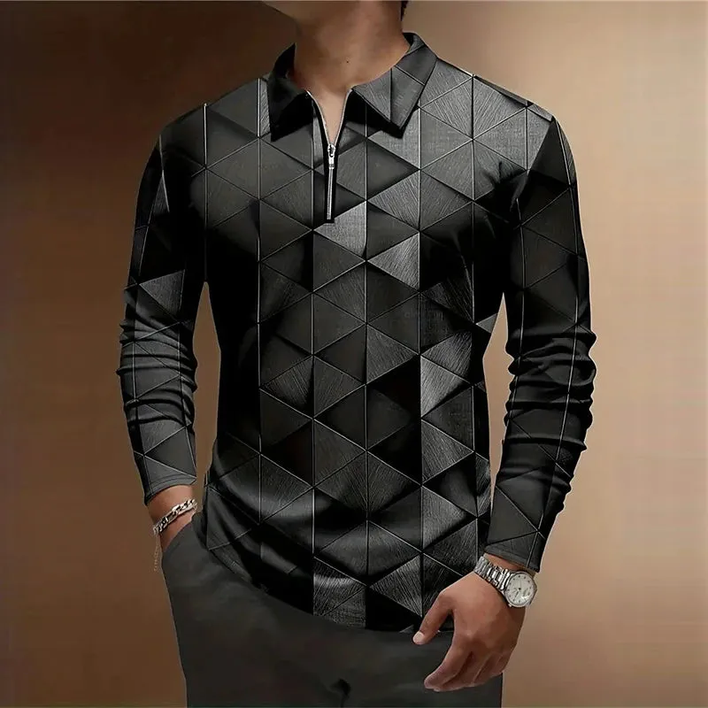 3D Printed Men's Long Sleeve Zip Polo Shirt for Stylish Streetwear Comfort