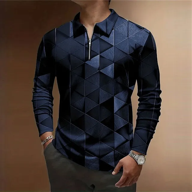 3D Printed Men's Long Sleeve Zip Polo Shirt for Stylish Streetwear Comfort