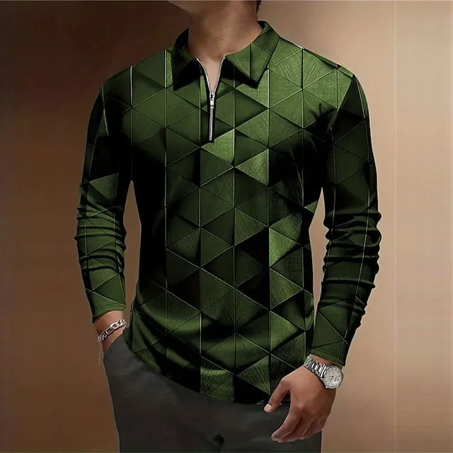 3D Printed Men's Long Sleeve Zip Polo Shirt for Stylish Streetwear Comfort