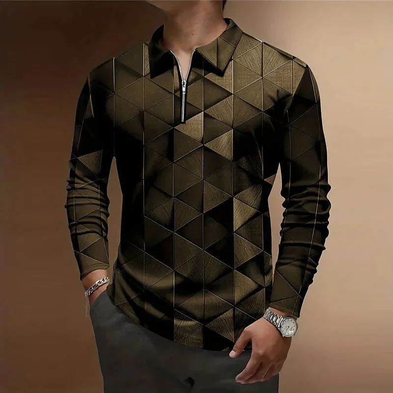 3D Printed Men's Long Sleeve Zip Polo Shirt for Stylish Streetwear Comfort