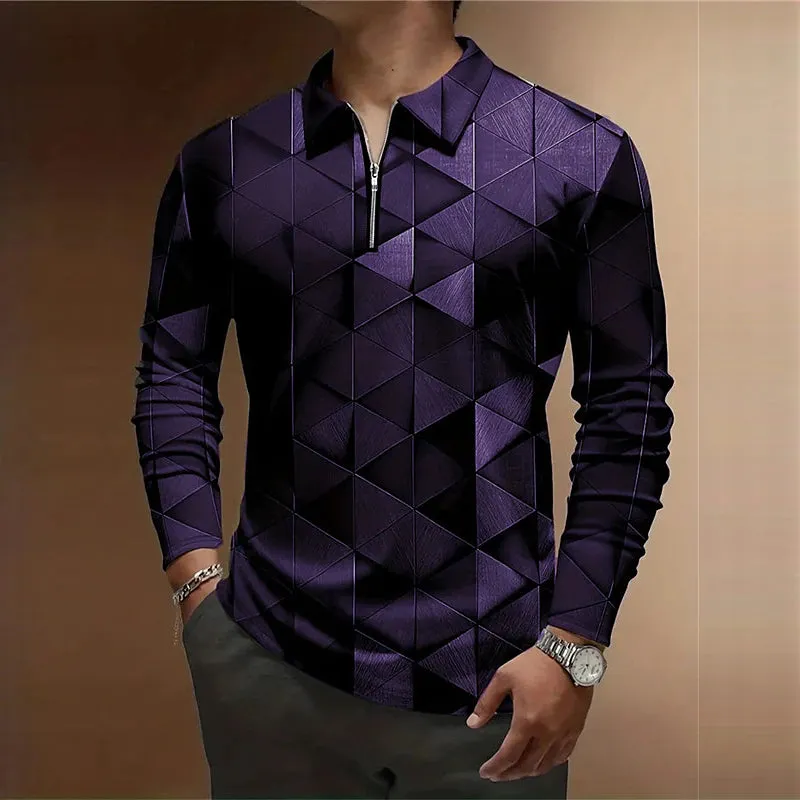 3D Printed Men's Long Sleeve Zip Polo Shirt for Stylish Streetwear Comfort