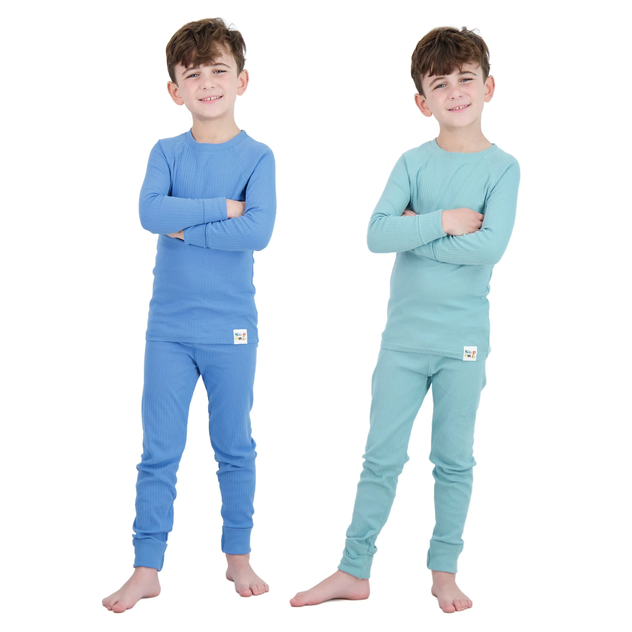 4-Piece 100% Organic Cotton Rib Knit Pajama Sets for Boys & Girls, Blue & Green