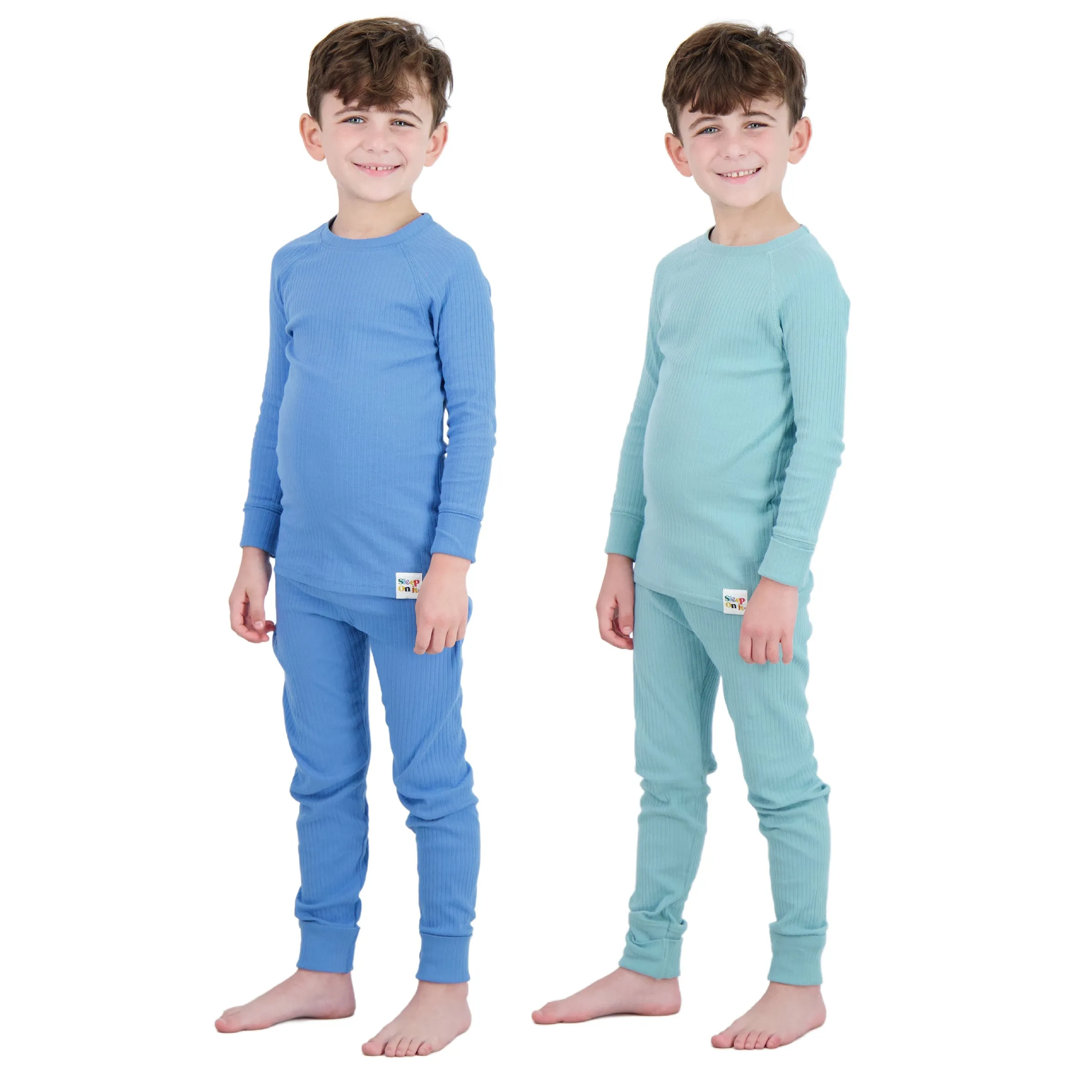 4-Piece 100% Organic Cotton Rib Knit Pajama Sets for Boys & Girls, Blue & Green