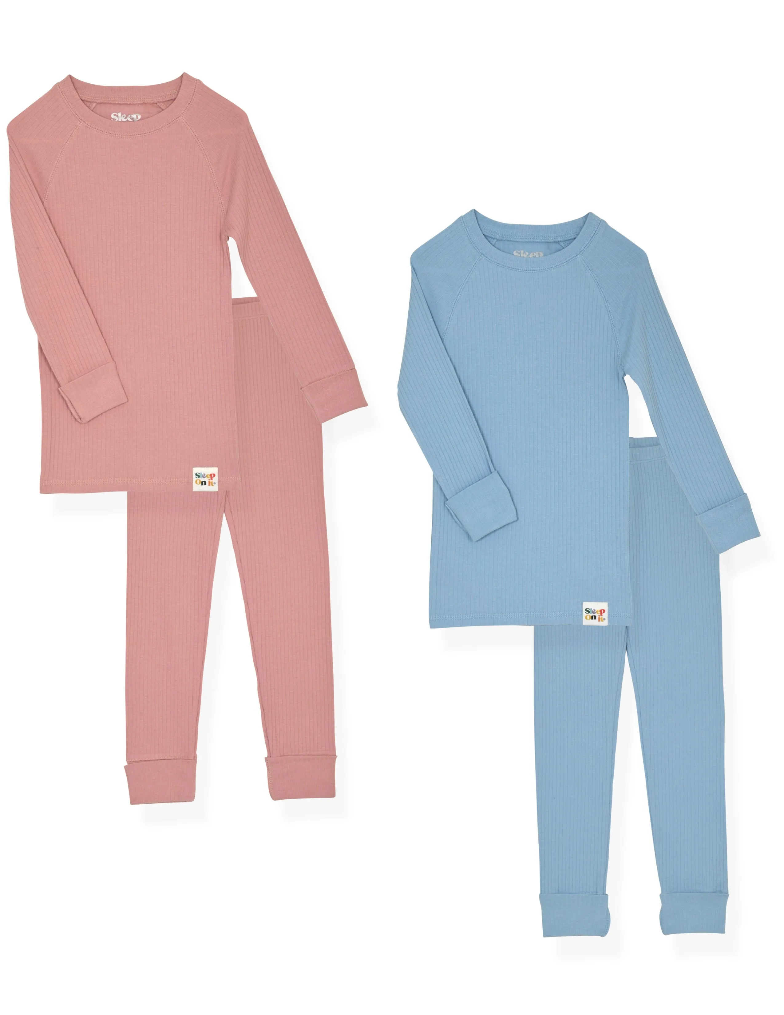 4-Piece 100% Organic Cotton Rib Knit Pajama Sets for Boys & Girls, Light Blue & Pink