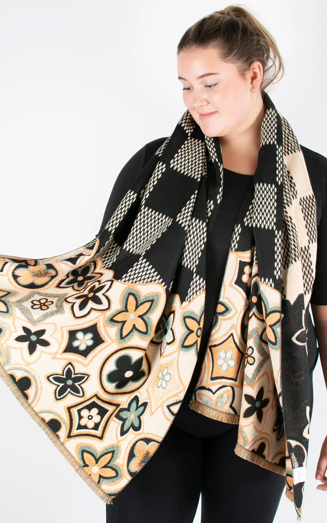 Autumn Winter Scarf | Print Hem Check Pattern | Black