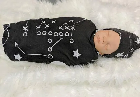 Baby Football Swaddle Set, Baby Blanket in Chalkboard Football   Matching Beanie or Headband,Baby Sports Nursery Decor