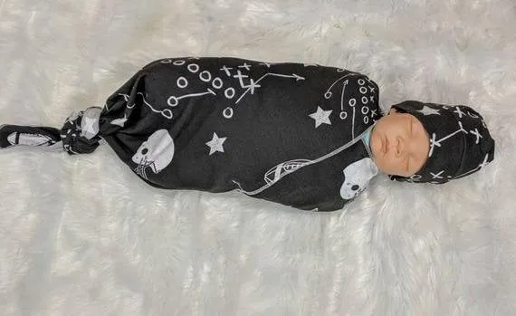 Baby Football Swaddle Set, Baby Blanket in Chalkboard Football   Matching Beanie or Headband,Baby Sports Nursery Decor