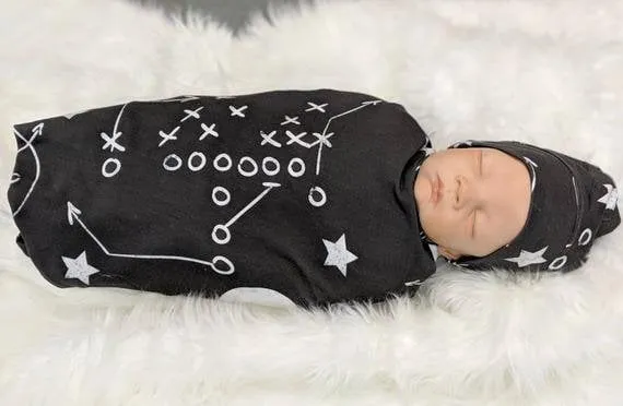 Baby Football Swaddle Set, Baby Blanket in Chalkboard Football   Matching Beanie or Headband,Baby Sports Nursery Decor