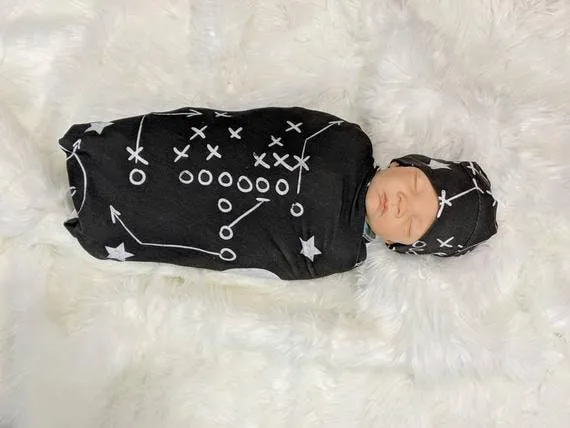 Baby Football Swaddle Set, Baby Blanket in Chalkboard Football   Matching Beanie or Headband,Baby Sports Nursery Decor