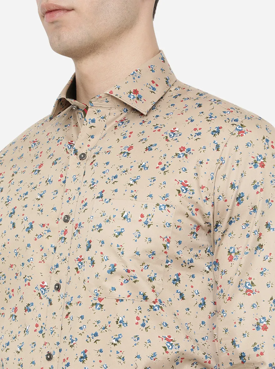 Beige & Blue Printed Slim Fit Party Wear Shirt | Greenfibre