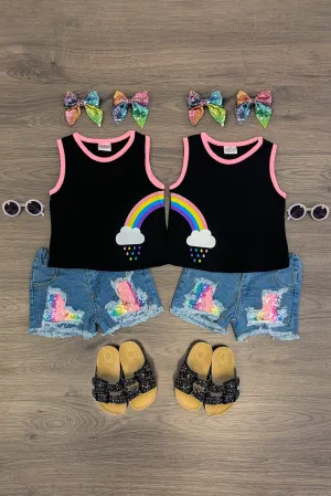 Best Friends Rainbow Sequin Denim Short Set