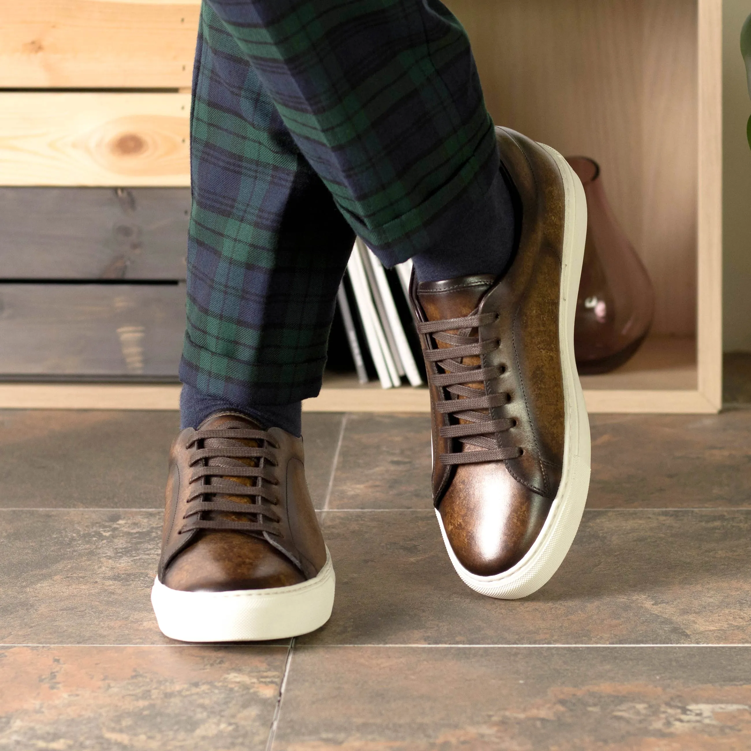 Brown Marble Patina Leather Trainers