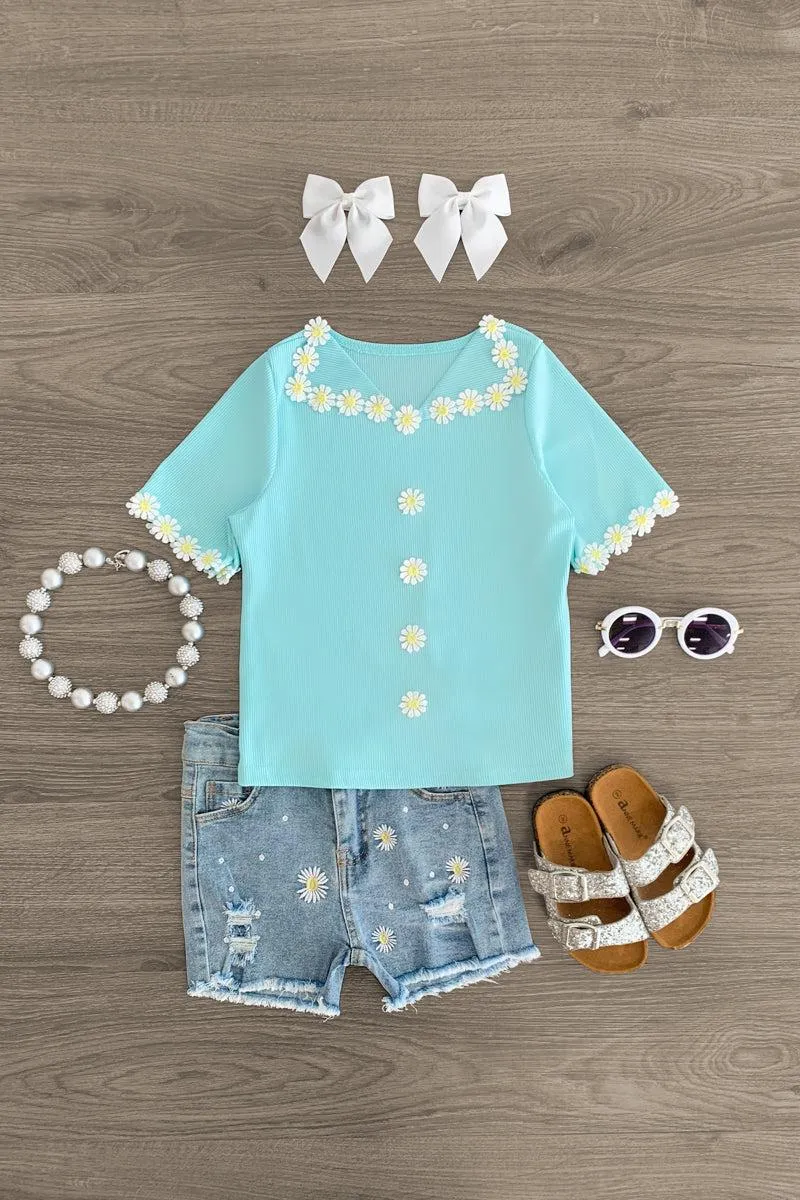 Daisy Collar Denim Short Set