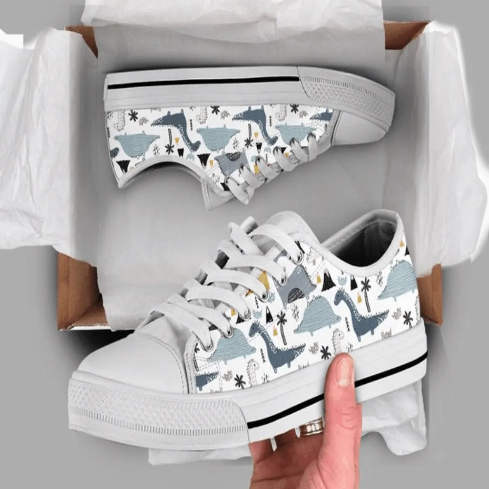 Dinosaur Cartoon Low Top Shoes Sneaker, Animal Print Canvas Shoes, Print On Canvas Shoes