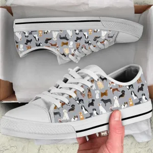 Dog Grey Fabric Mixed Pattern Low Top Shoes Canvas Sneakers, Dog Printed Shoes, Canvas Shoes For Men, Women