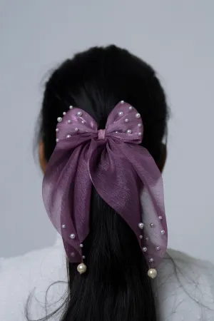 Elegant Deep Purple Sheer Bow Hairband with Pearls