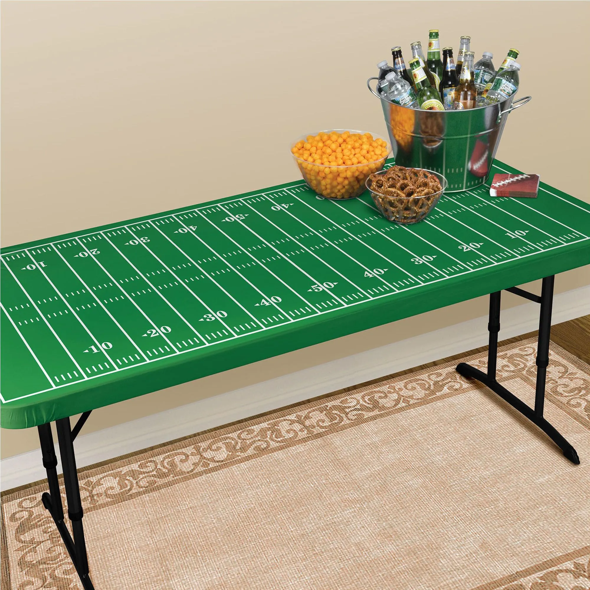 Football Field Plastic Table Cover Party Decoration With Elastic Edge, Fits 6 Foot Table