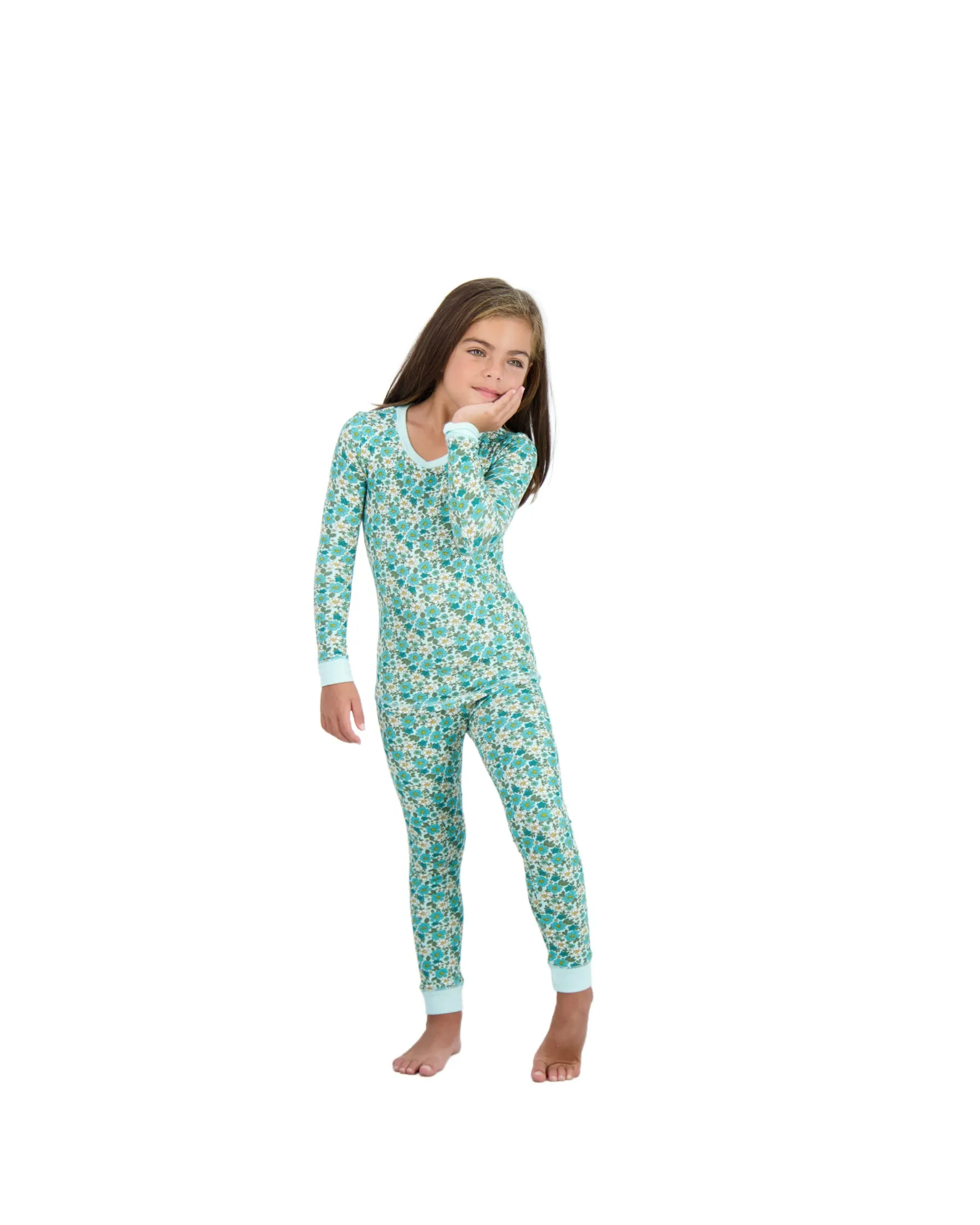 Girls 2-Piece Super Soft Jersey Snug-Fit Pajama Set- Floral, Turquoise & White Pajama Set for Toddlers and Girls