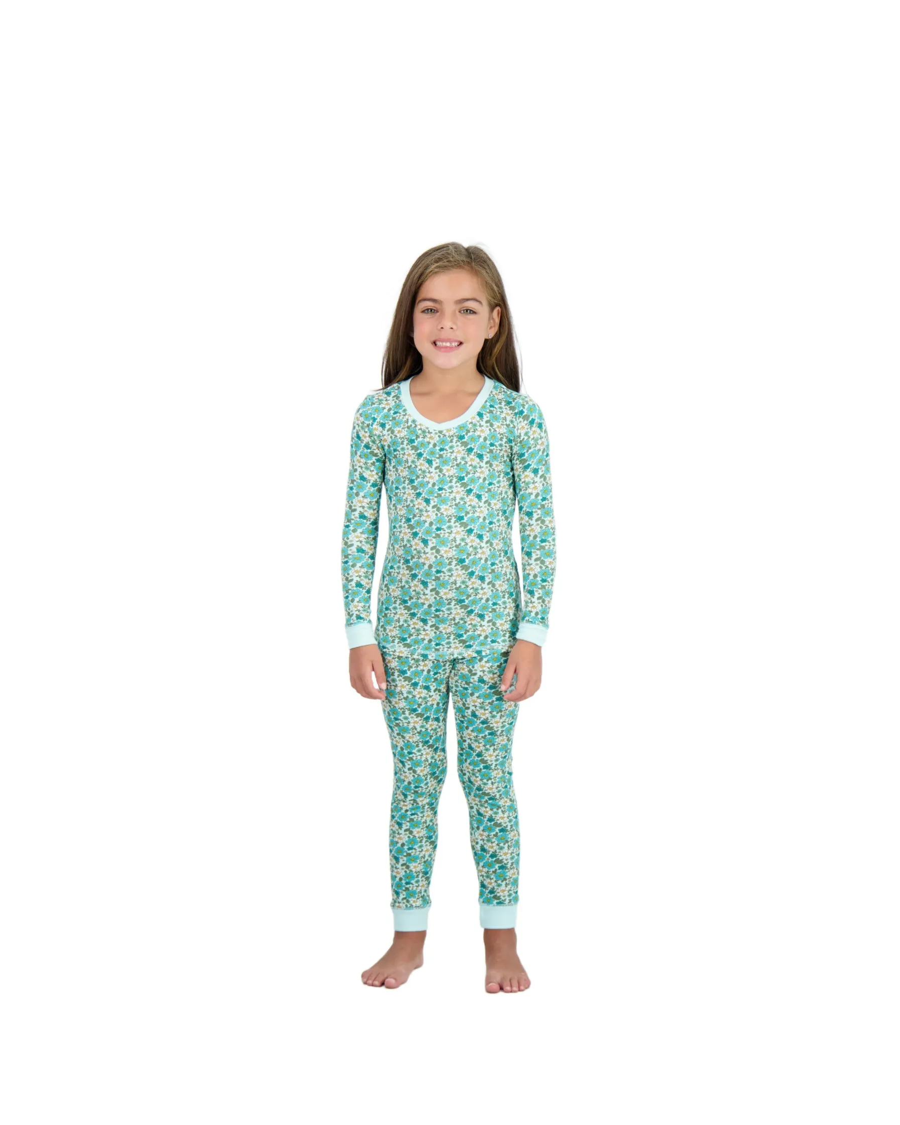 Girls 2-Piece Super Soft Jersey Snug-Fit Pajama Set- Floral, Turquoise & White Pajama Set for Toddlers and Girls