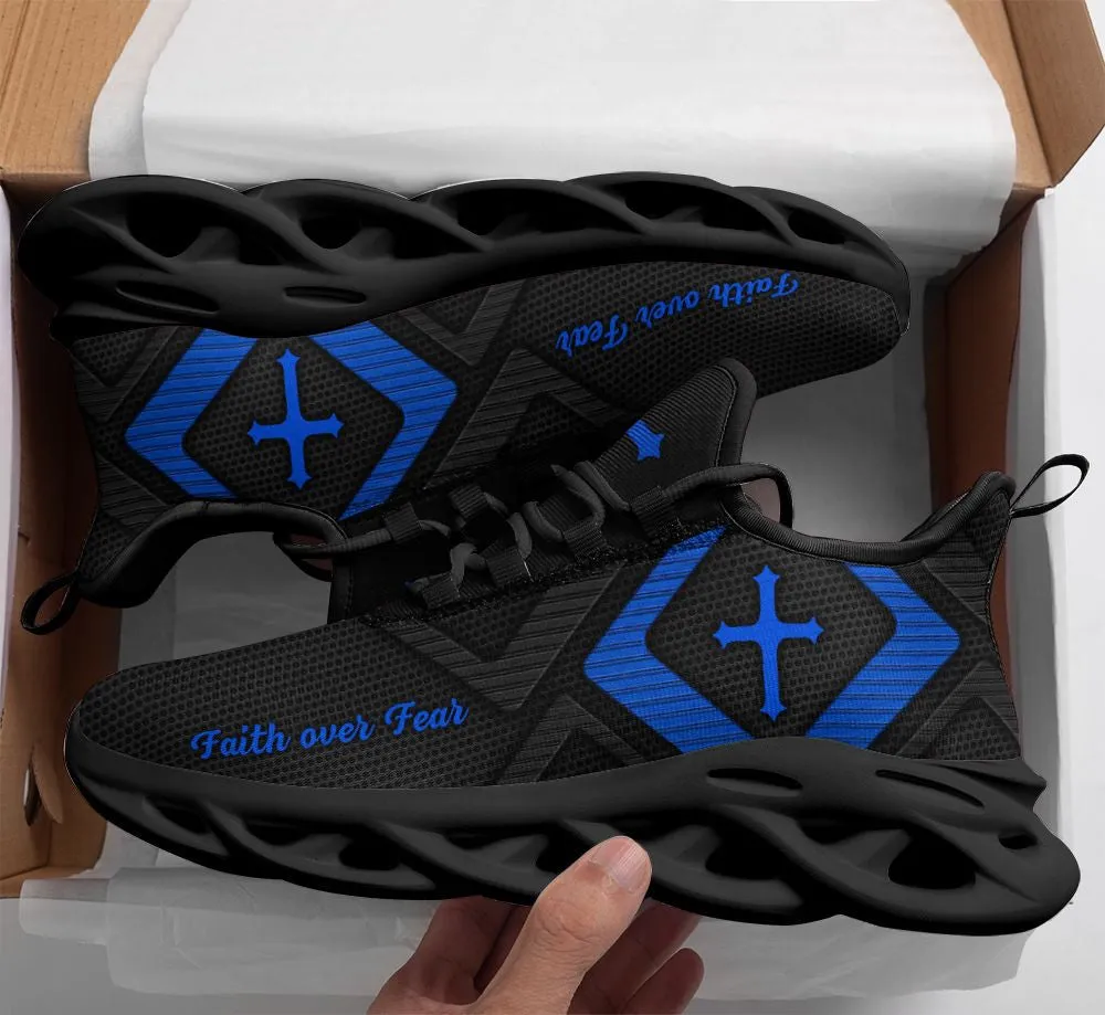 Jesus Faith Over Fear Running Sneakers Blue And Black Max Soul Shoes - Christian Shoes For Men And Women