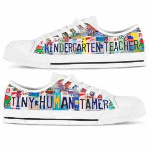 Kindergarten Teacher License Plate Tiny Human Tamer Low Top Shoes, Teacher Shoes, Low Top Sneakers