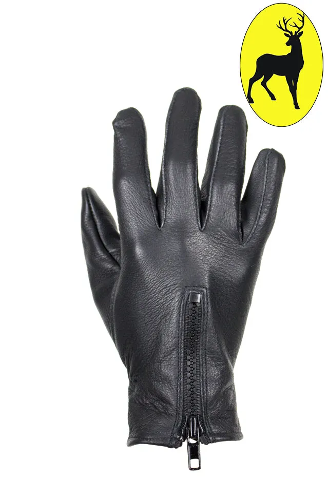 Ladies Deer Skin Leather Gloves W/ Zipper - Black