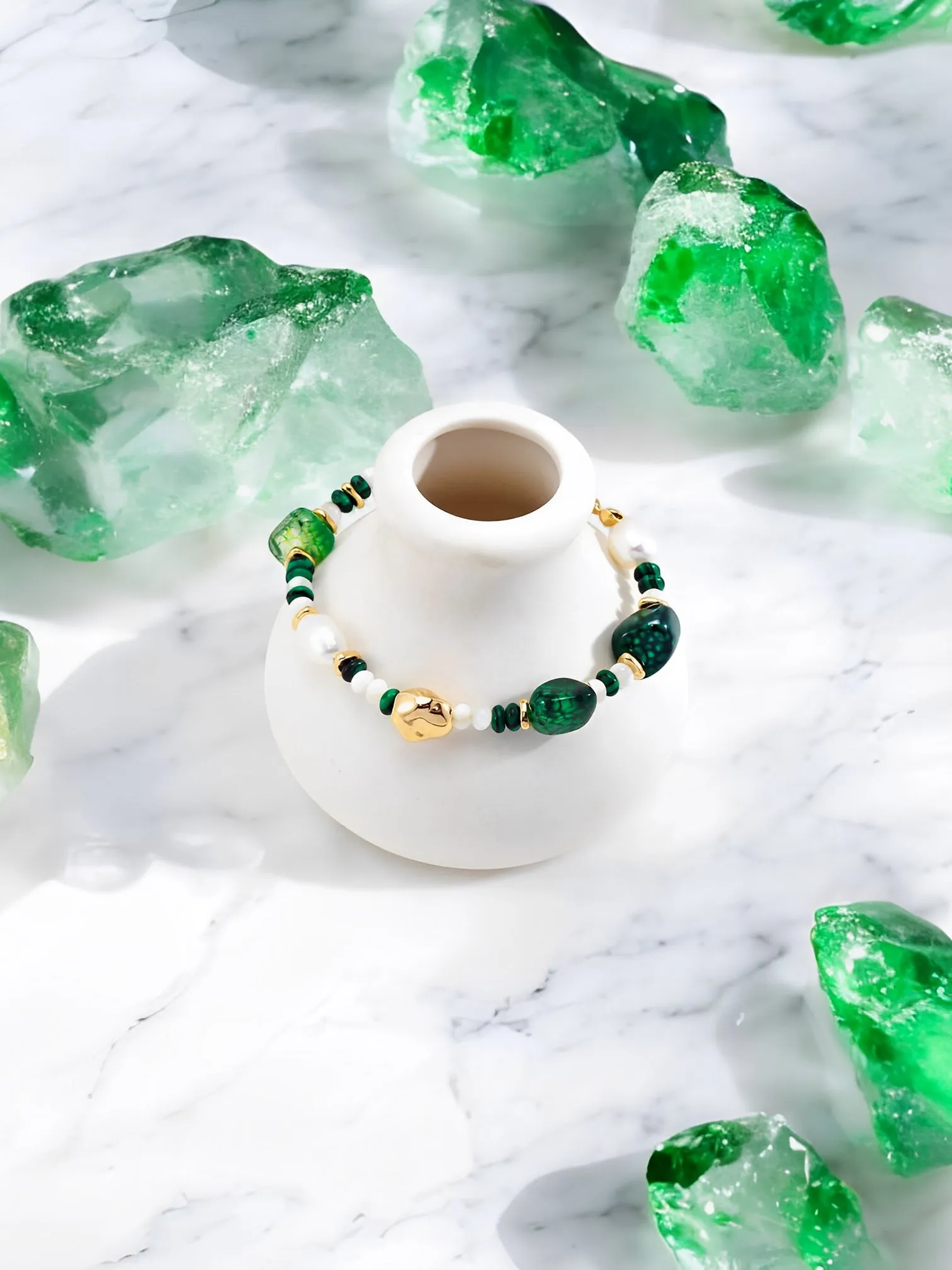 Livia - Green Agate with Pearl Beaded Bracelet