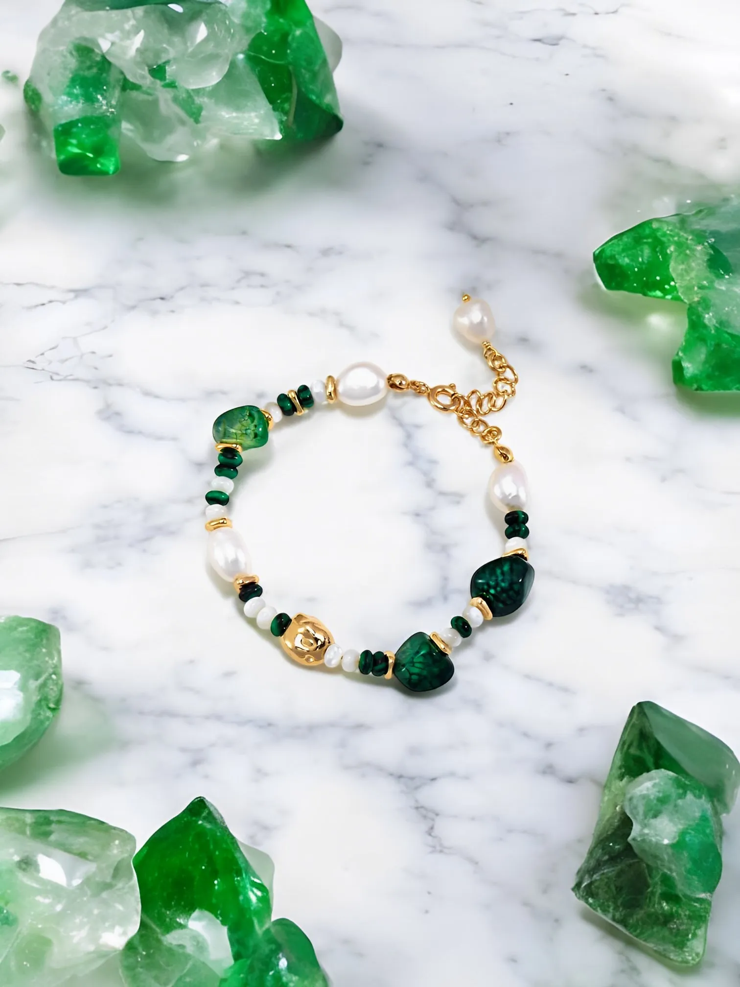 Livia - Green Agate with Pearl Beaded Bracelet