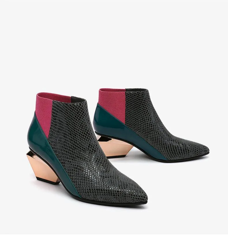 Mid Heel Pointed Toe Color Block Ankle Boots