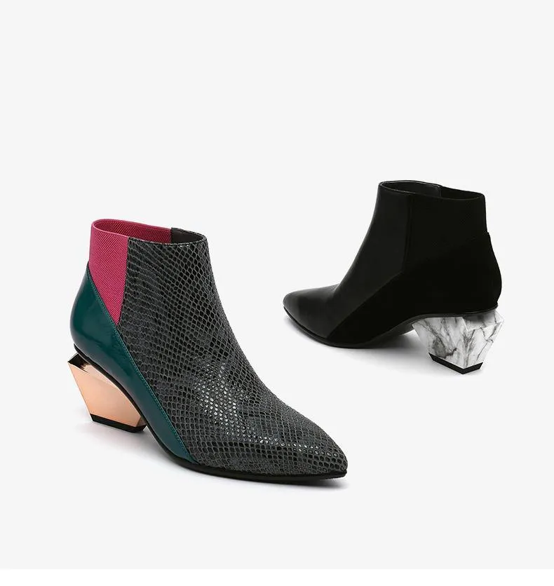 Mid Heel Pointed Toe Color Block Ankle Boots