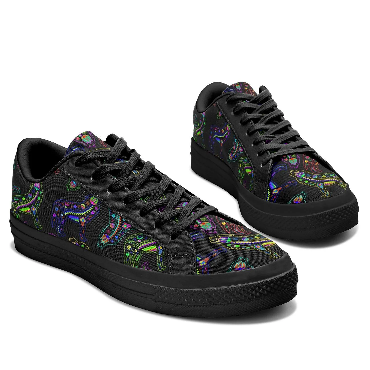 Neon Floral Wolves Aapisi Low Top Canvas Shoes Black Sole