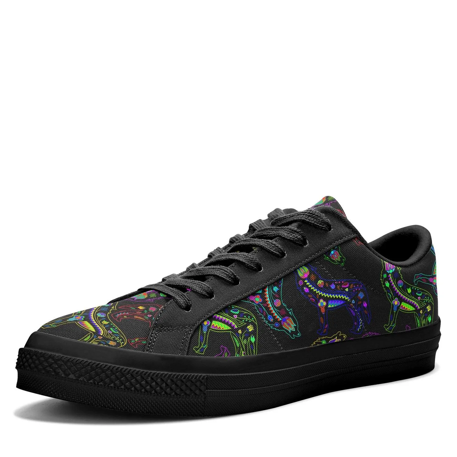 Neon Floral Wolves Aapisi Low Top Canvas Shoes Black Sole