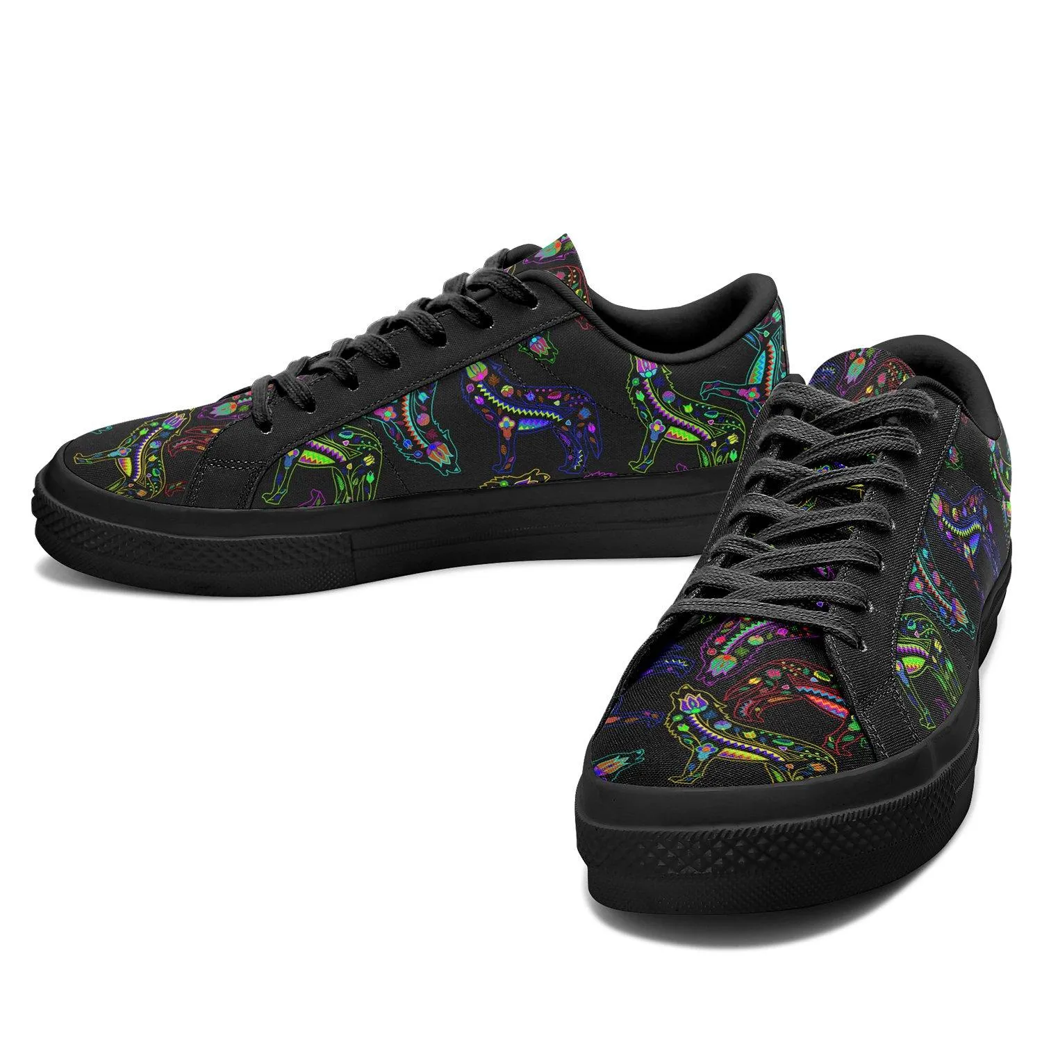 Neon Floral Wolves Aapisi Low Top Canvas Shoes Black Sole