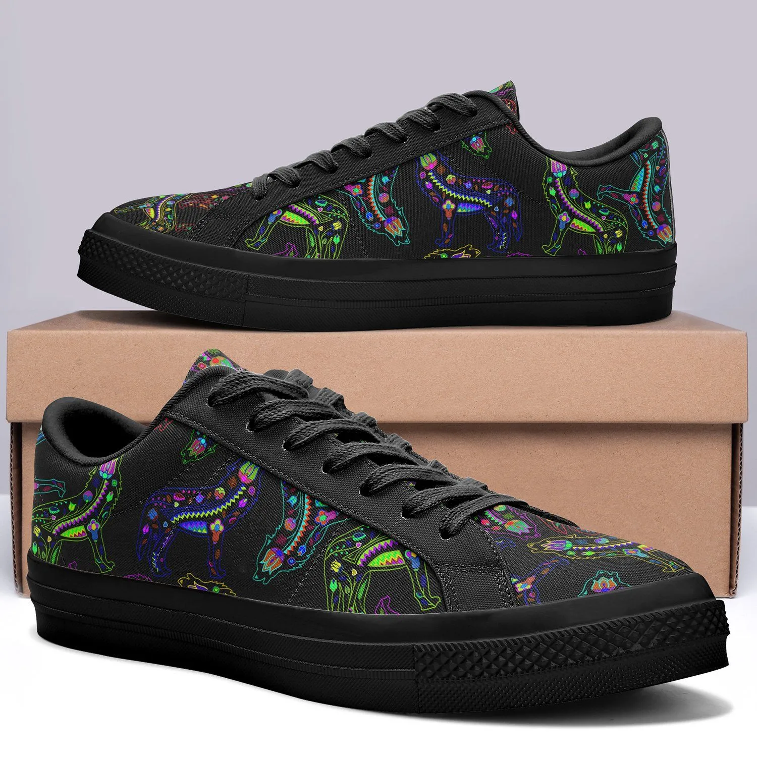 Neon Floral Wolves Aapisi Low Top Canvas Shoes Black Sole