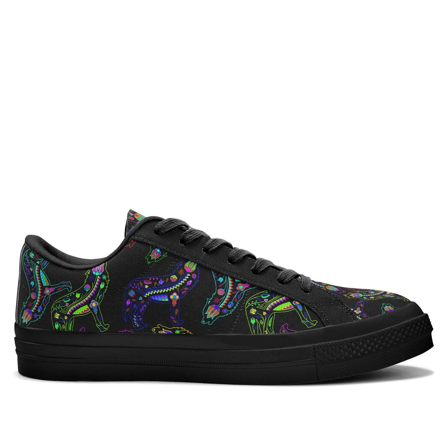 Neon Floral Wolves Aapisi Low Top Canvas Shoes Black Sole