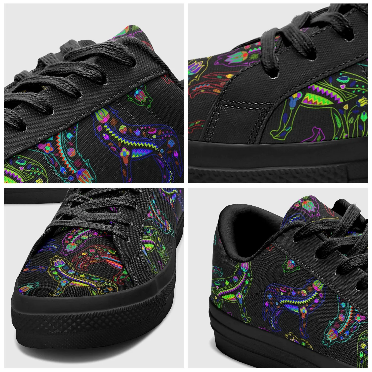 Neon Floral Wolves Aapisi Low Top Canvas Shoes Black Sole