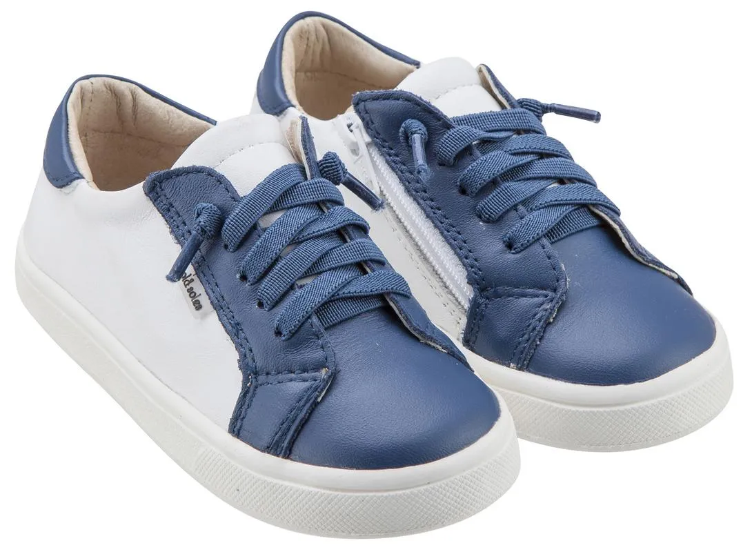 Old Soles Boy's & Girl's 6030 Thor Runner White and Blue Dual Color Leather with Faux Laces and Side Zipper Sneaker Shoe