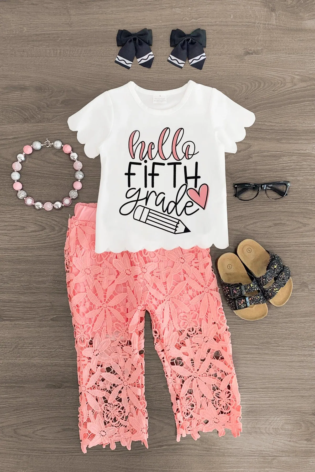 "Hello Preschool - 6th Grade" Floral Lace Pant Set