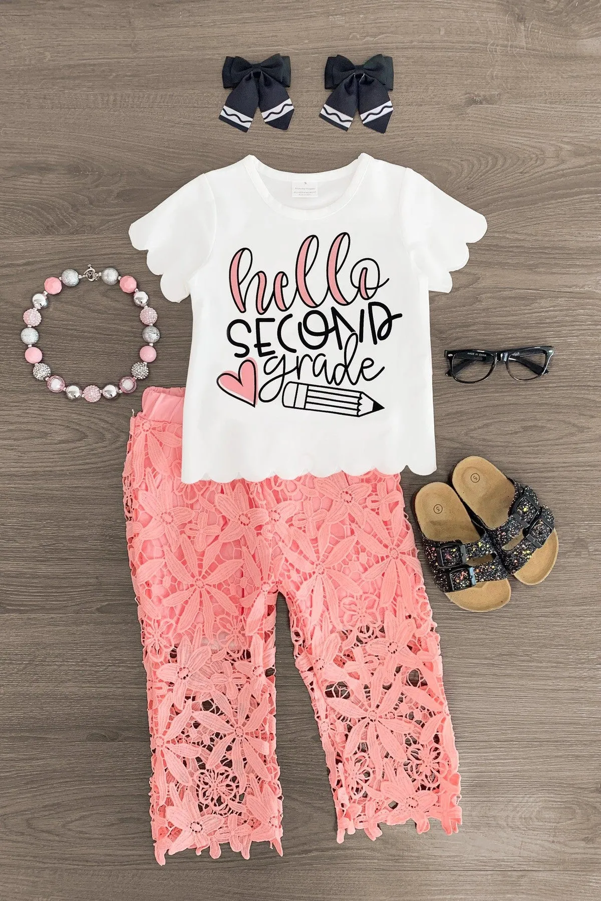 "Hello Preschool - 6th Grade" Floral Lace Pant Set