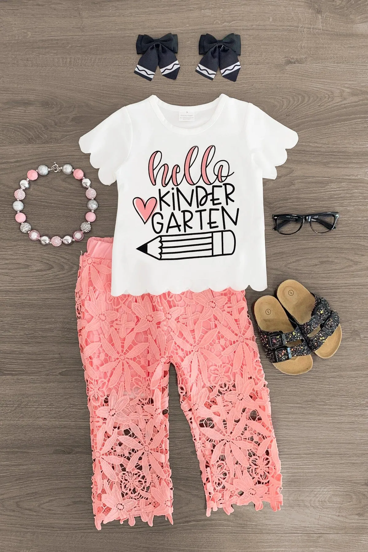 "Hello Preschool - 6th Grade" Floral Lace Pant Set