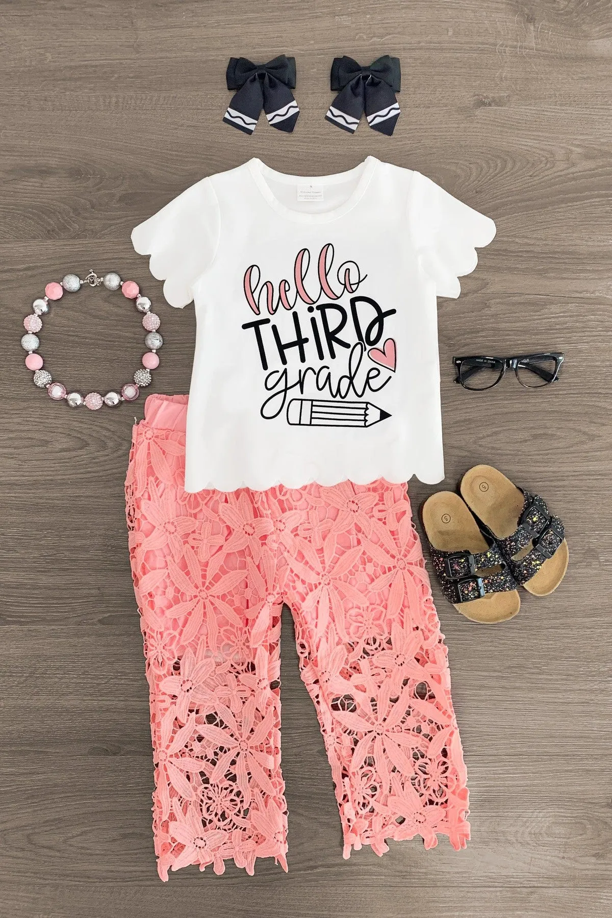 "Hello Preschool - 6th Grade" Floral Lace Pant Set