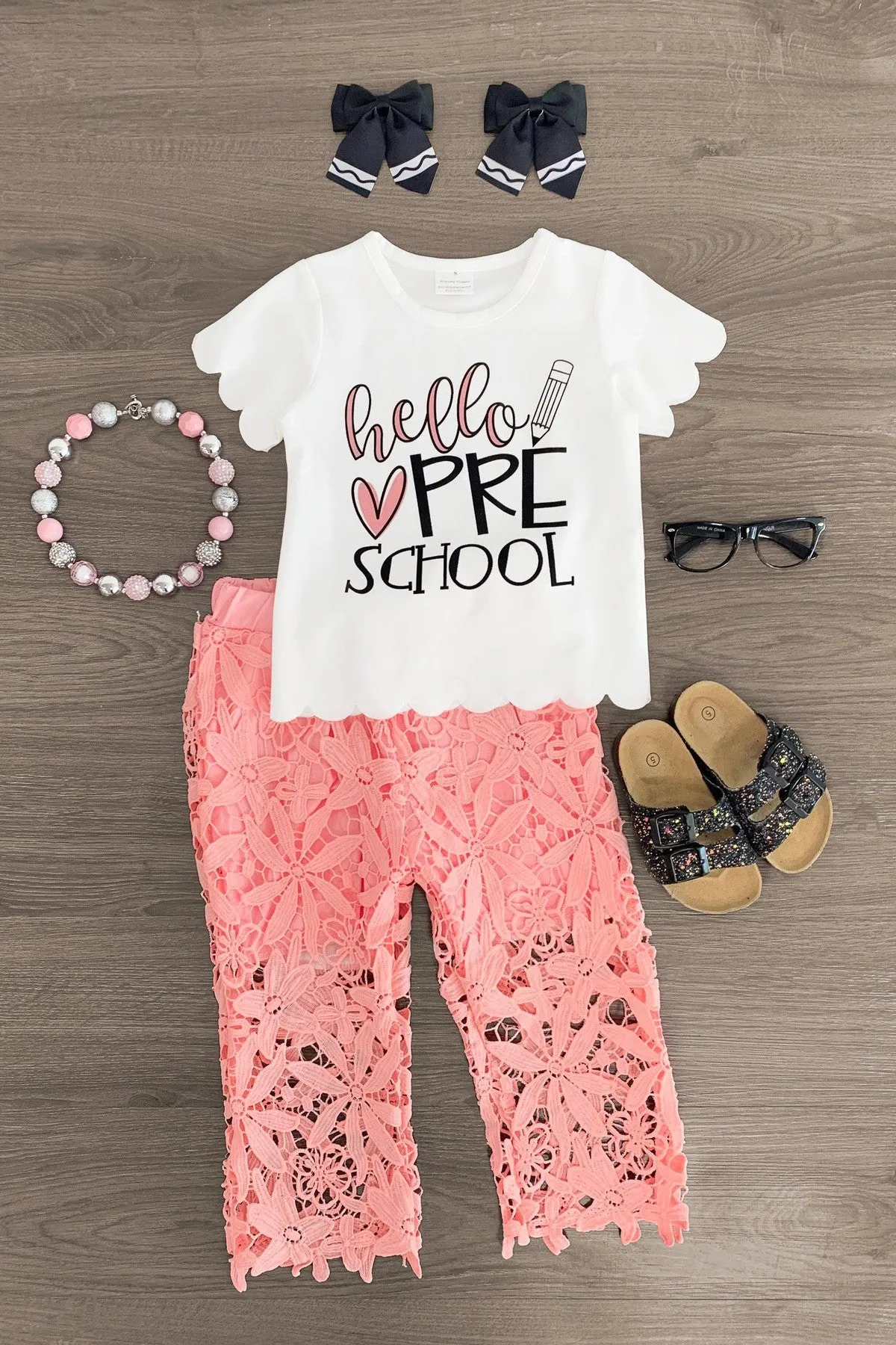 "Hello Preschool - 6th Grade" Floral Lace Pant Set