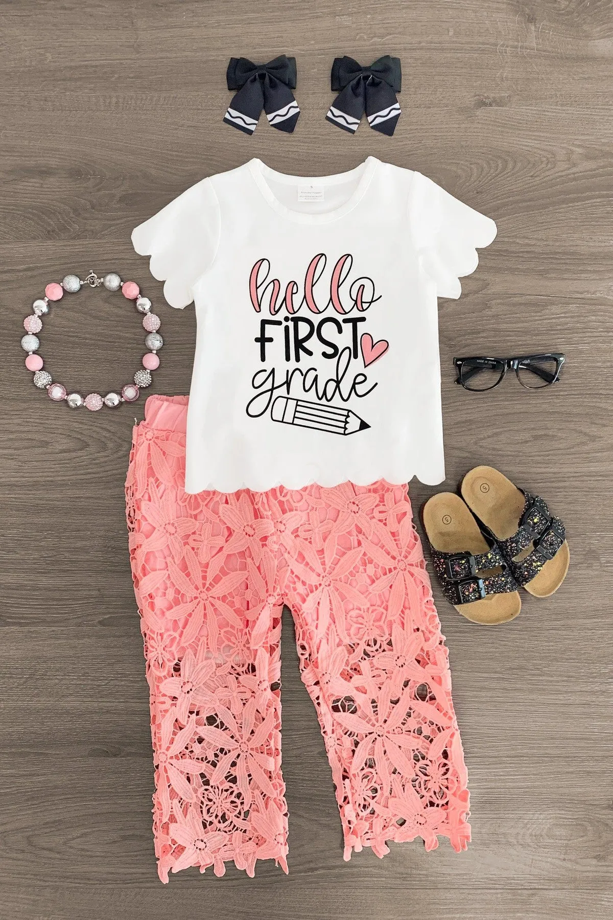 "Hello Preschool - 6th Grade" Floral Lace Pant Set