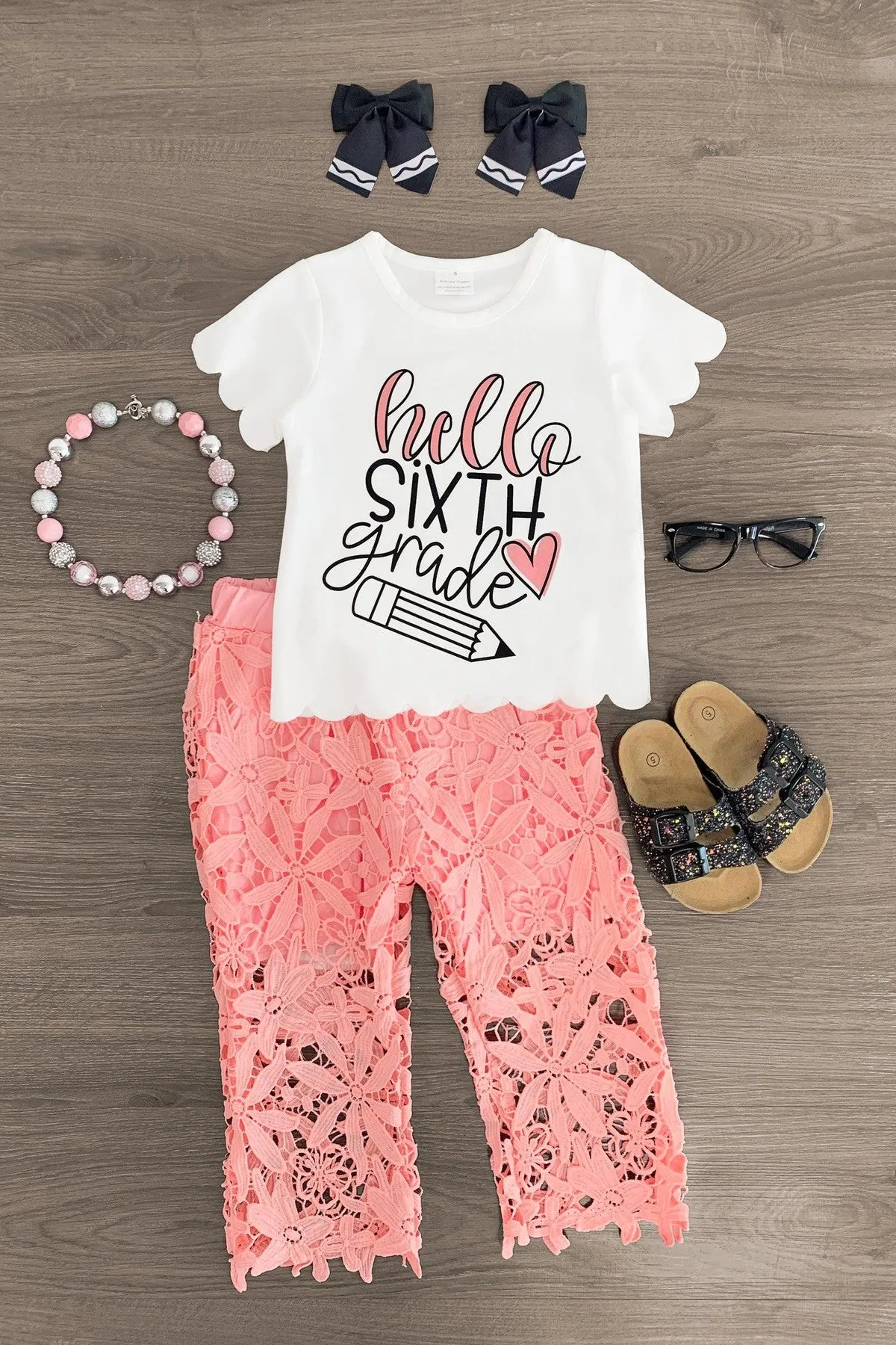 "Hello Preschool - 6th Grade" Floral Lace Pant Set