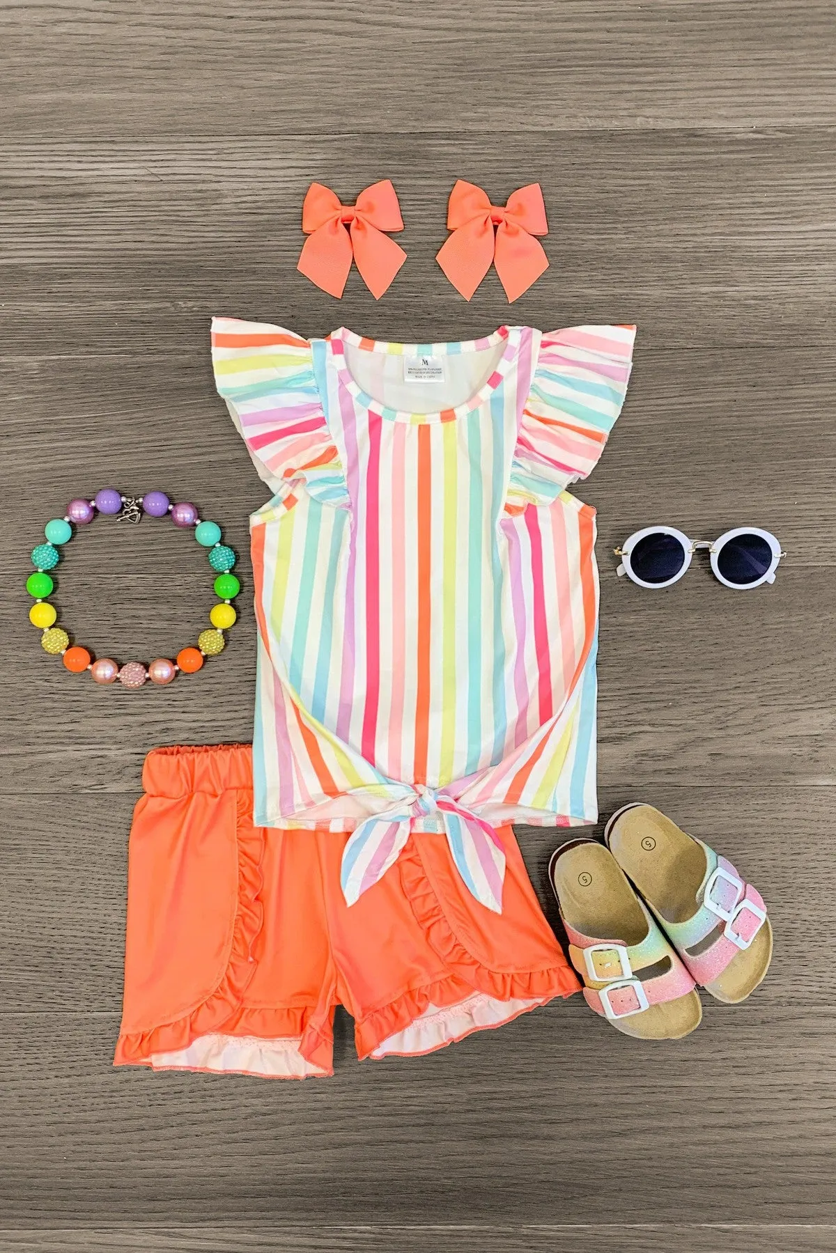 Rainbow Stripe Ruffle Tie Top Short Set