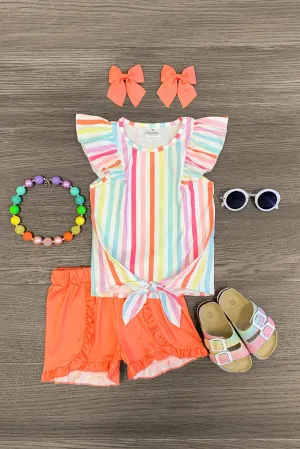 Rainbow Stripe Ruffle Tie Top Short Set