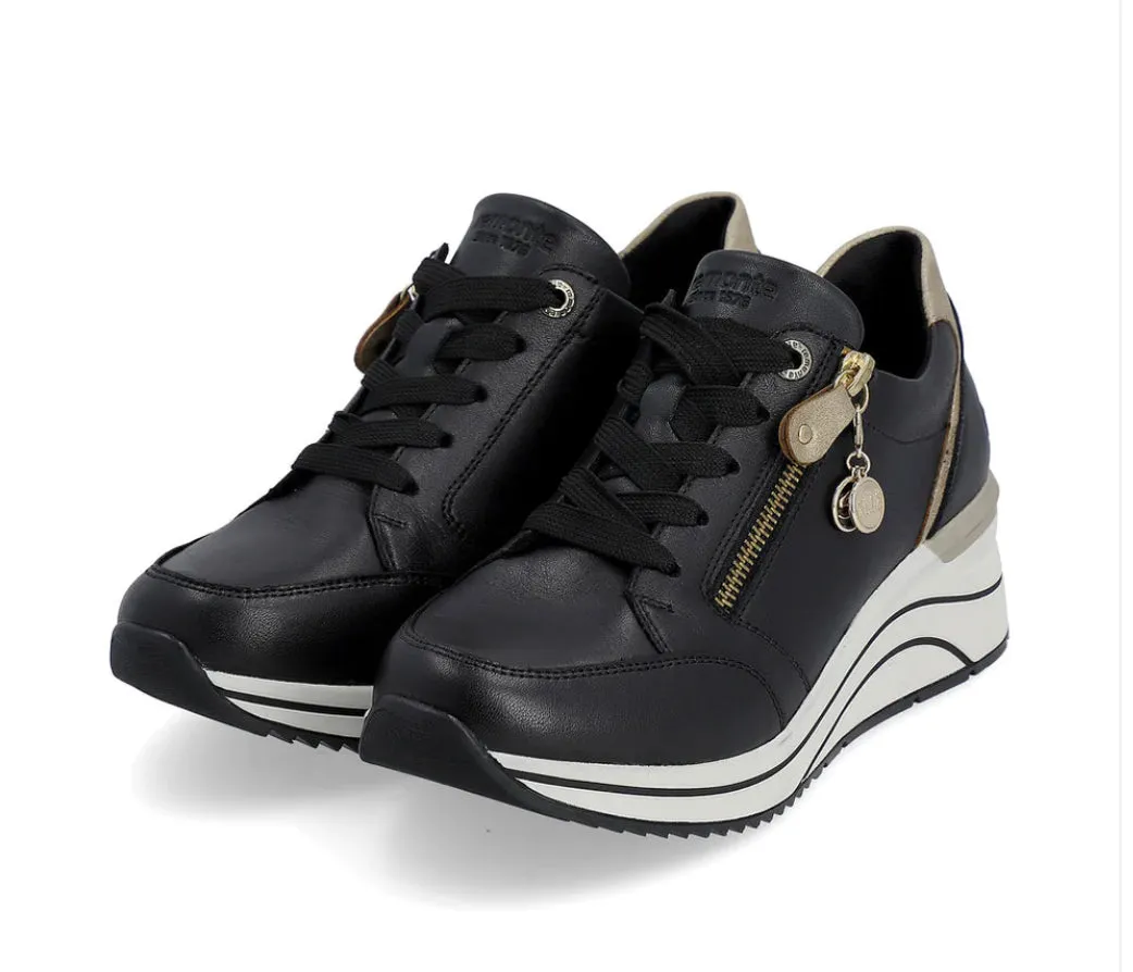 Remonte D0T03-01 Minato Elle Black And Gold Leather Wedge Trainers