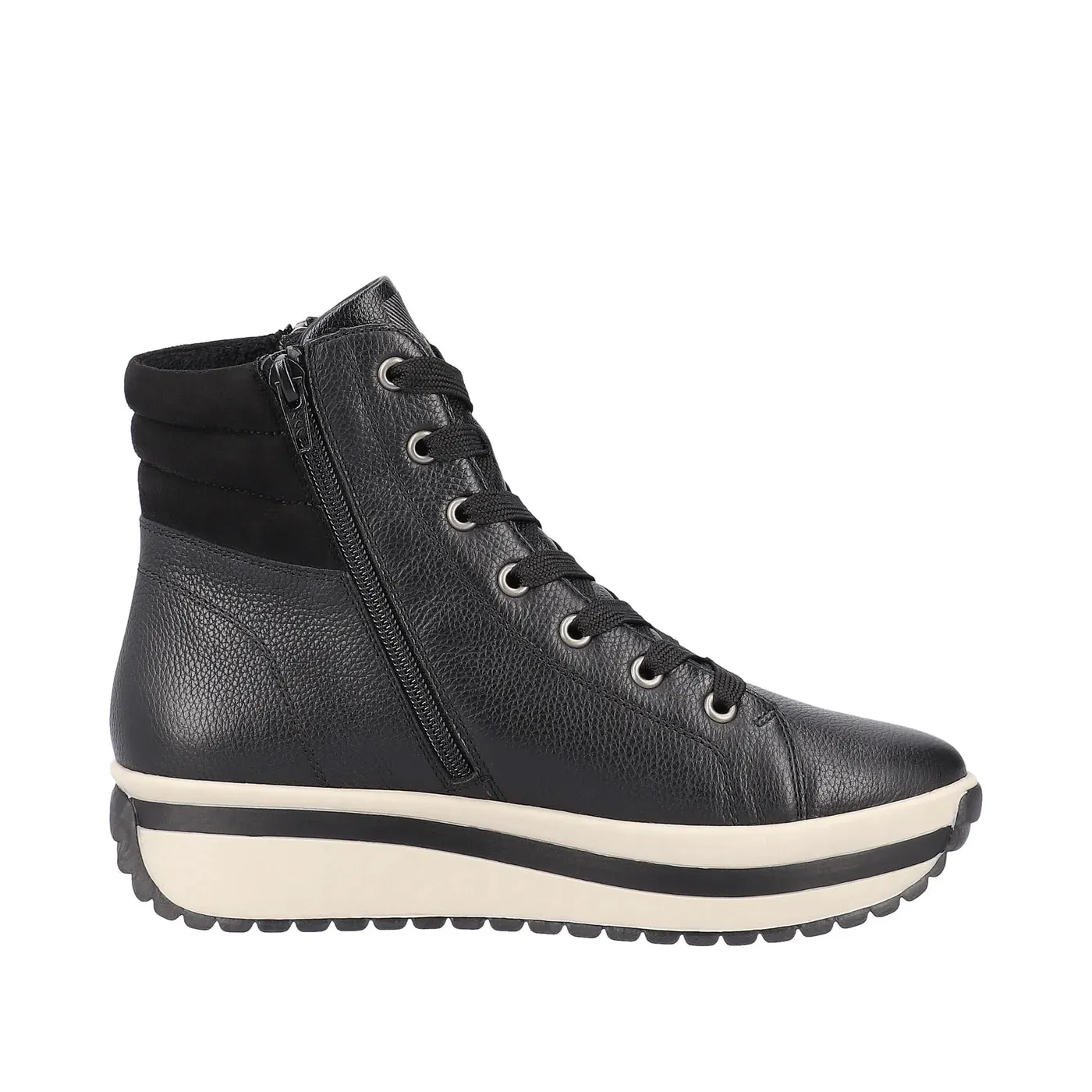 Rieker Evolution W0962-00 Castor Black Leather Lace-Up Flatform Trainer Boots