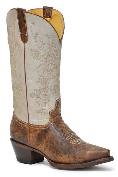 Roper Footwear Women's Waxy Tan Snip Toe Western Boots with Vintage White Embroidered Rose Tops