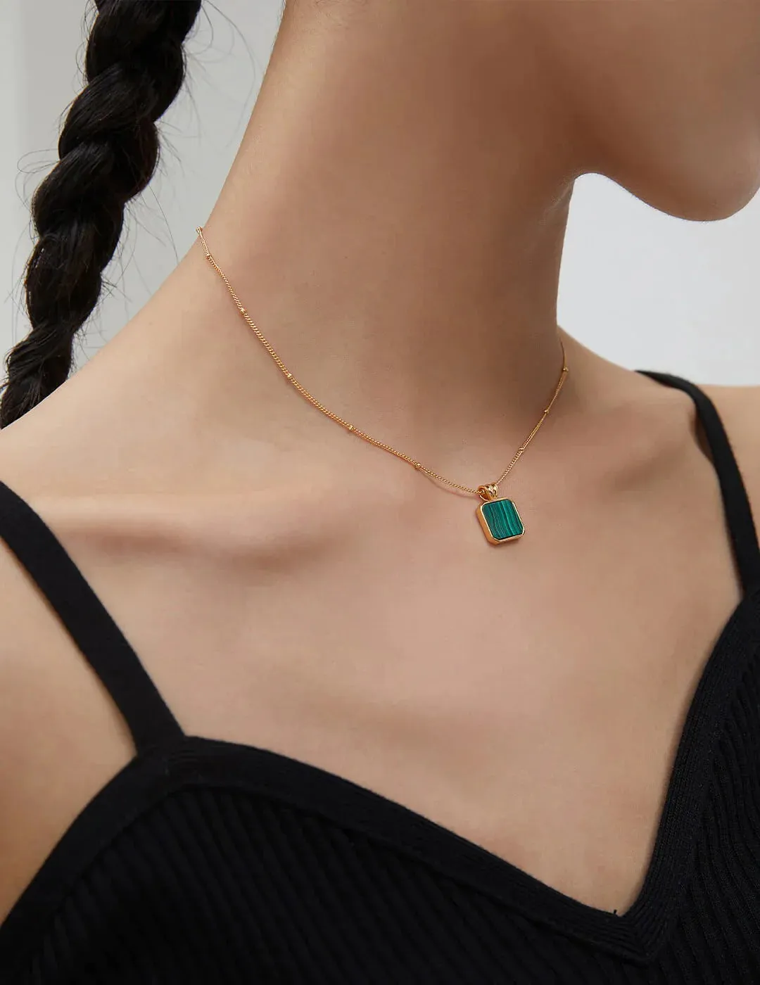 Serafina - Satellite Chain Square Malachite Pendant Necklace